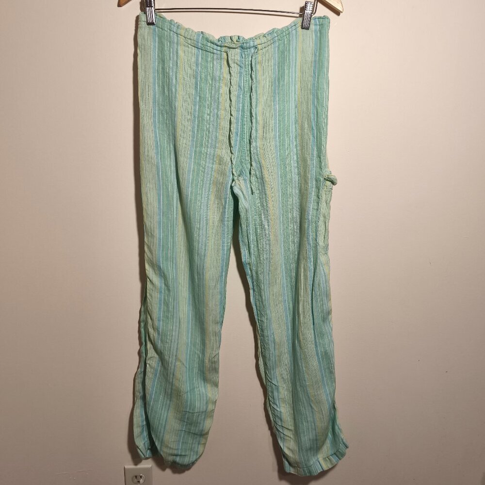 y2k St John's Bay 100% Linen Striped Cargo Style sz M Green Blue Beach Boho